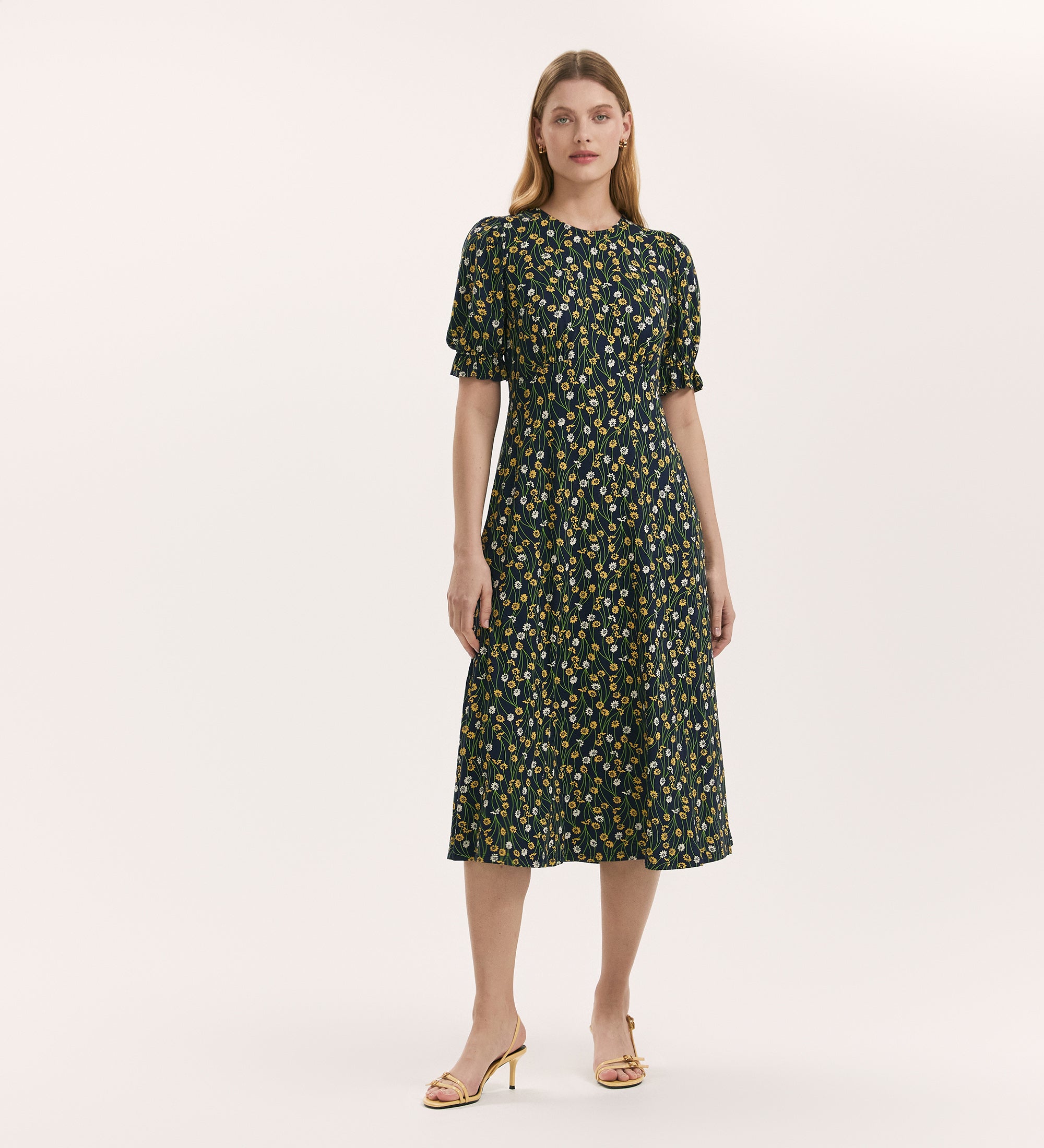 Lenisha Yellow Flower Jersey Midi Tea Dress – Finery London