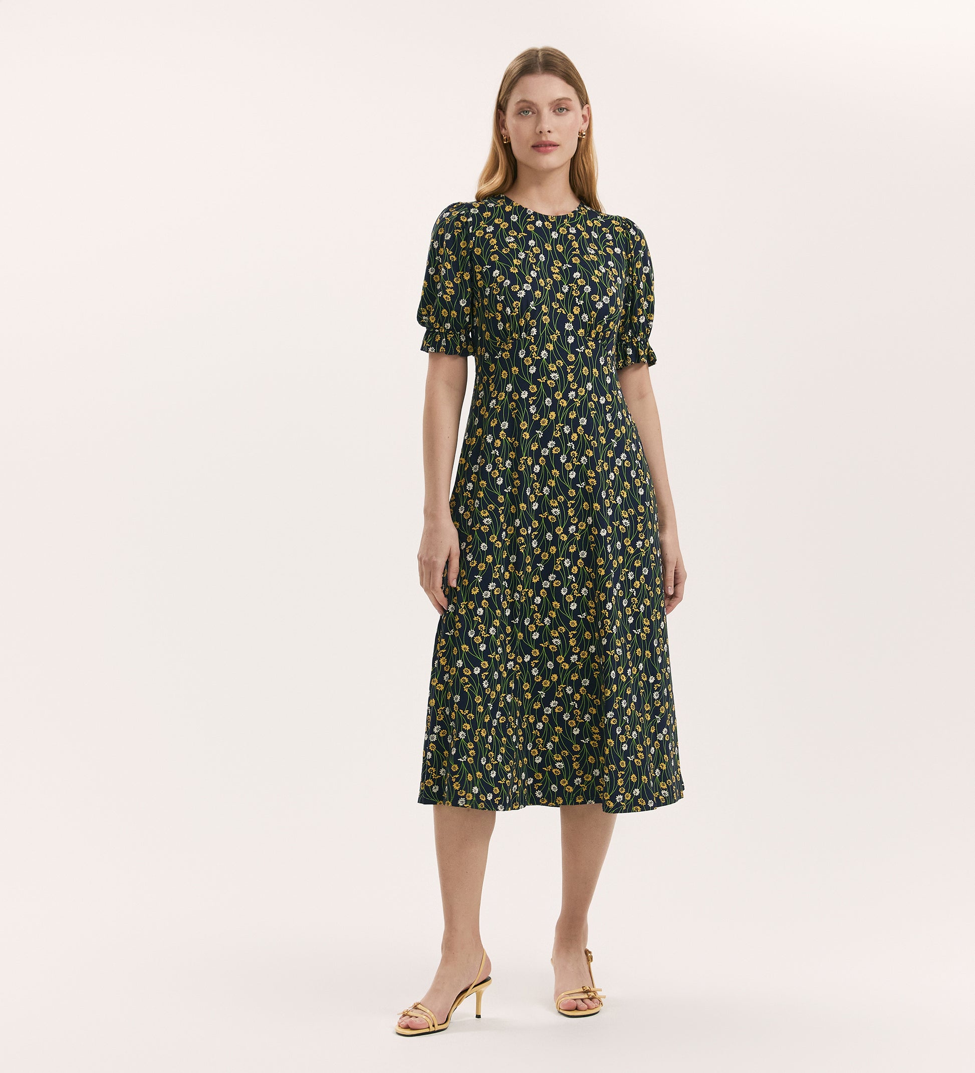 Lenisha Yellow Flower Jersey Midi Tea Dress | Finery London Lenisha Yellow Flower Jersey Midi Tea Dress | Finery London