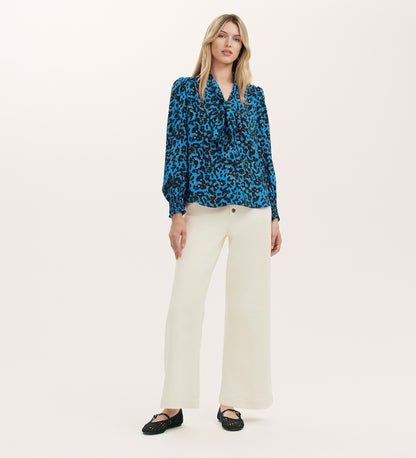 Lindsay Blue Animal Print Pussy Bow Blouse