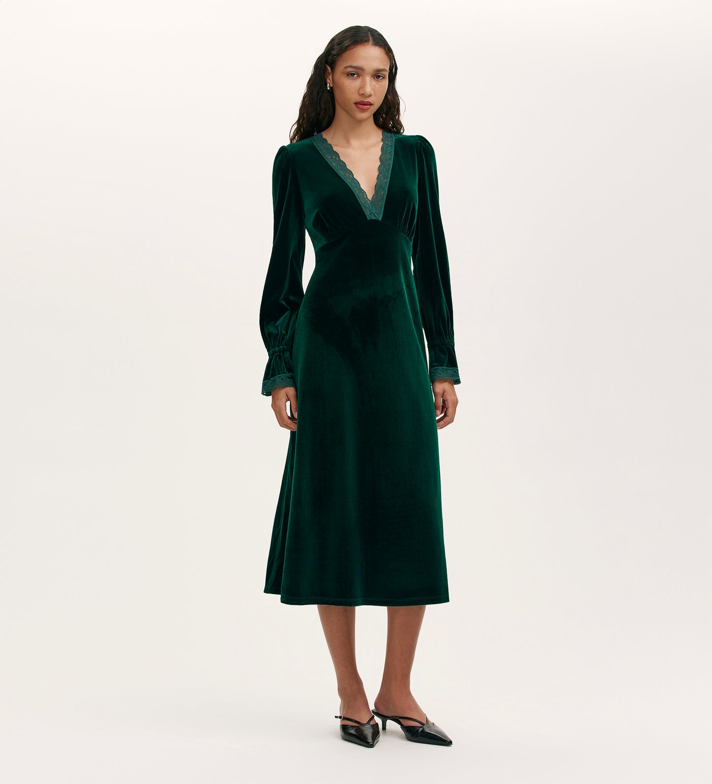 Louise Bottle Green Velvet Midi Dress