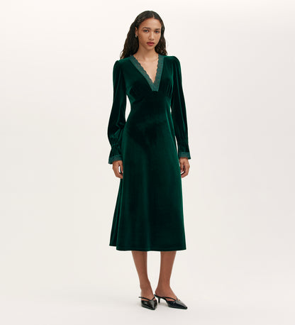 Louise Bottle Green Velvet Midi Dress