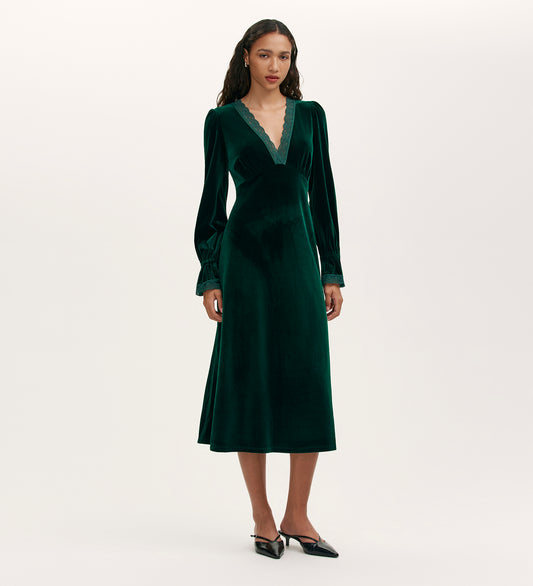 Louise Bottle Green Velvet Midi Dress