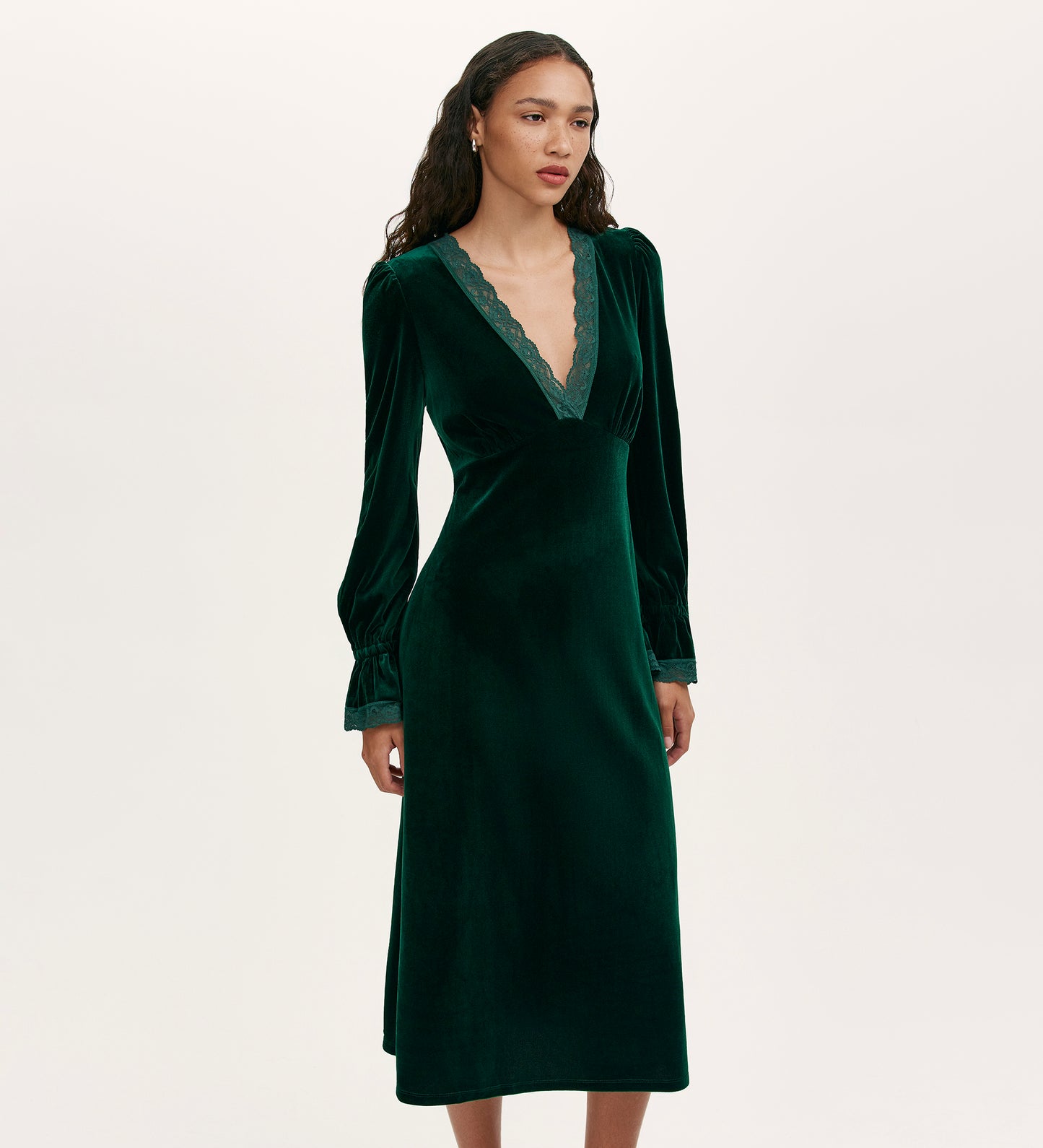 Louise Bottle Green Velvet Midi Dress