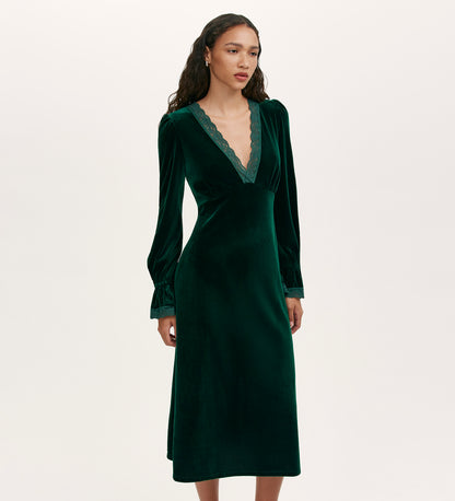 Louise Bottle Green Velvet Midi Dress
