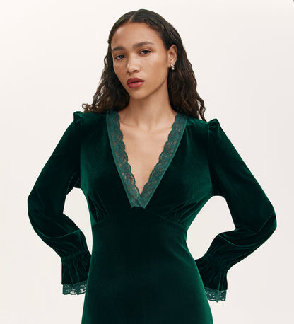 Louise Bottle Green Velvet Midi Dress