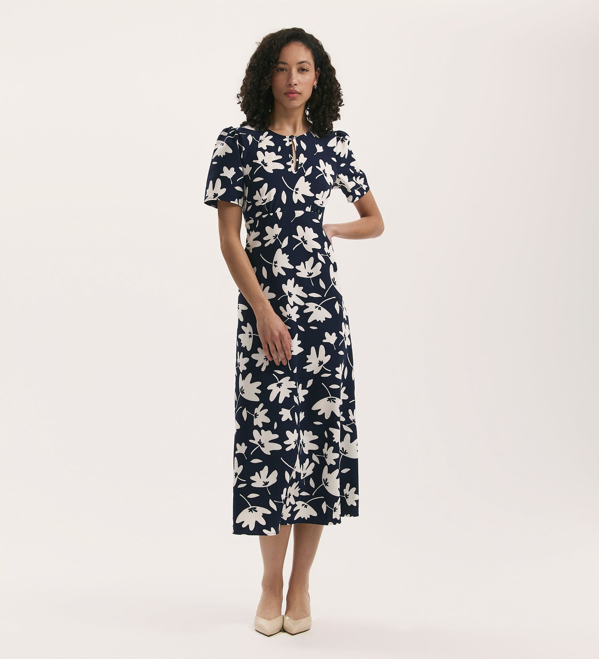 Marie Navy Leaves Crepe Midi Tea Dress Finery London Marie Navy Leaves Crepe Midi Tea Dress Finery London