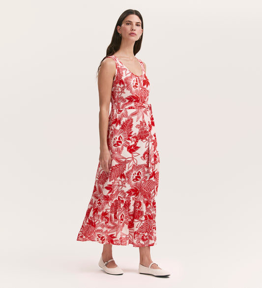 Marta Red Flower Crepe Sleeveless Midi Dress with Linen