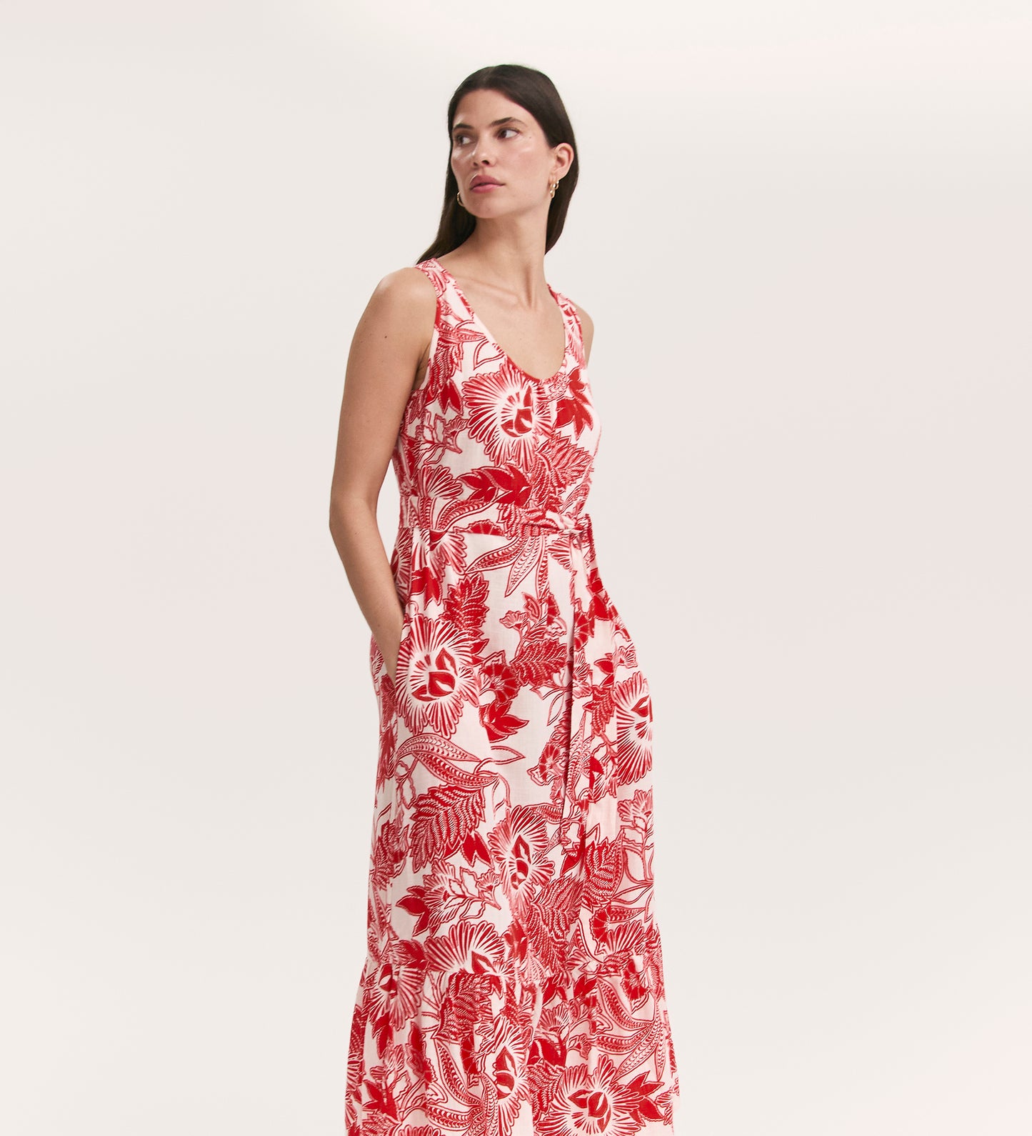 Marta Red Flower Crepe Linen Blend Sleeveless Midi Dress