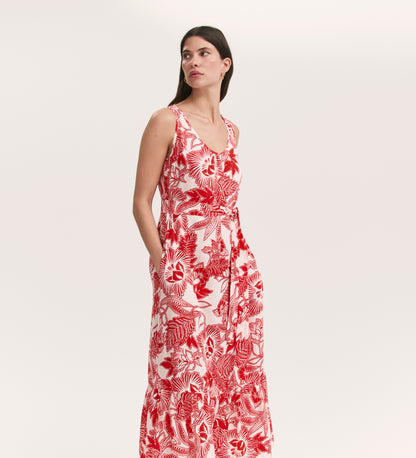Marta Red Flower Crepe Linen Blend Sleeveless Midi Dress