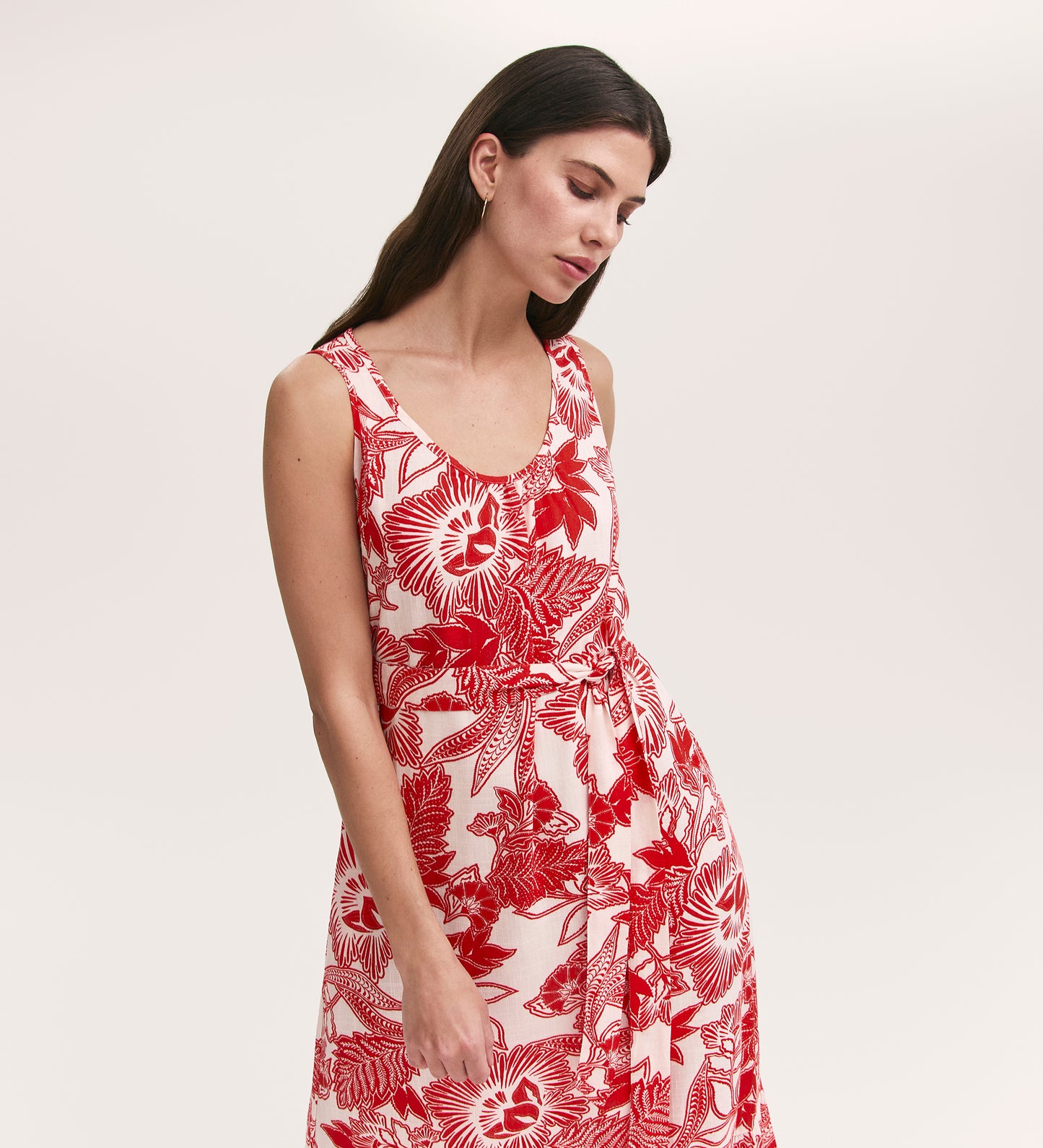Marta Red Flower Crepe Linen Blend Sleeveless Midi Dress
