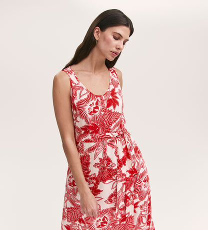 Marta Red Flower Crepe Linen Blend Sleeveless Midi Dress