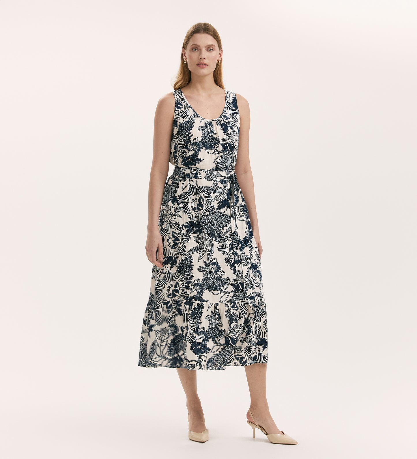 Marta Navy Flower Linen Blend Sleeveless Midi Dress