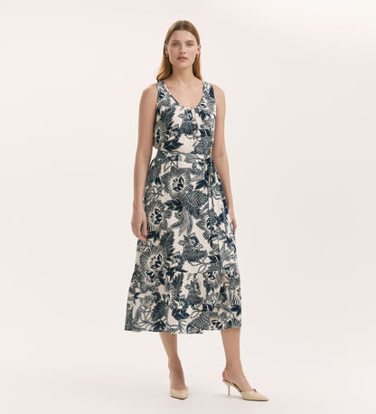 Marta Navy Flower Linen Blend Sleeveless Midi Dress