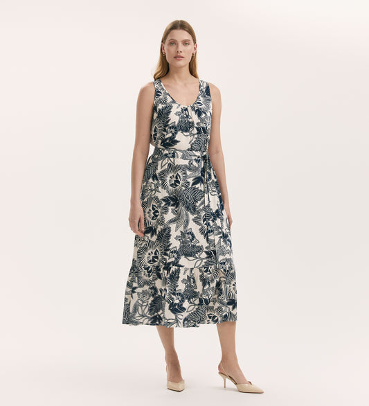 Marta Navy Flower Linen Blend Sleeveless Midi Dress