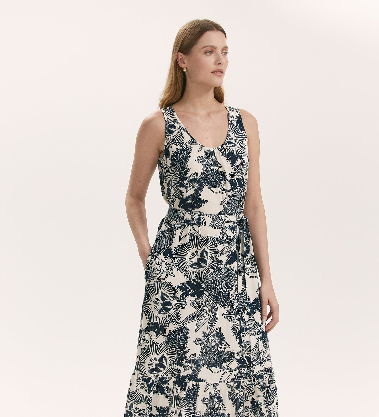 Marta Navy Flower Linen Blend Sleeveless Midi Dress