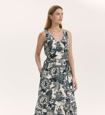 Marta Navy Flower Linen Blend Sleeveless Midi Dress
