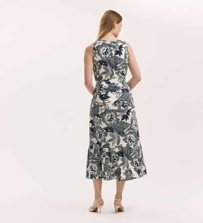 Marta Navy Flower Linen Blend Sleeveless Midi Dress