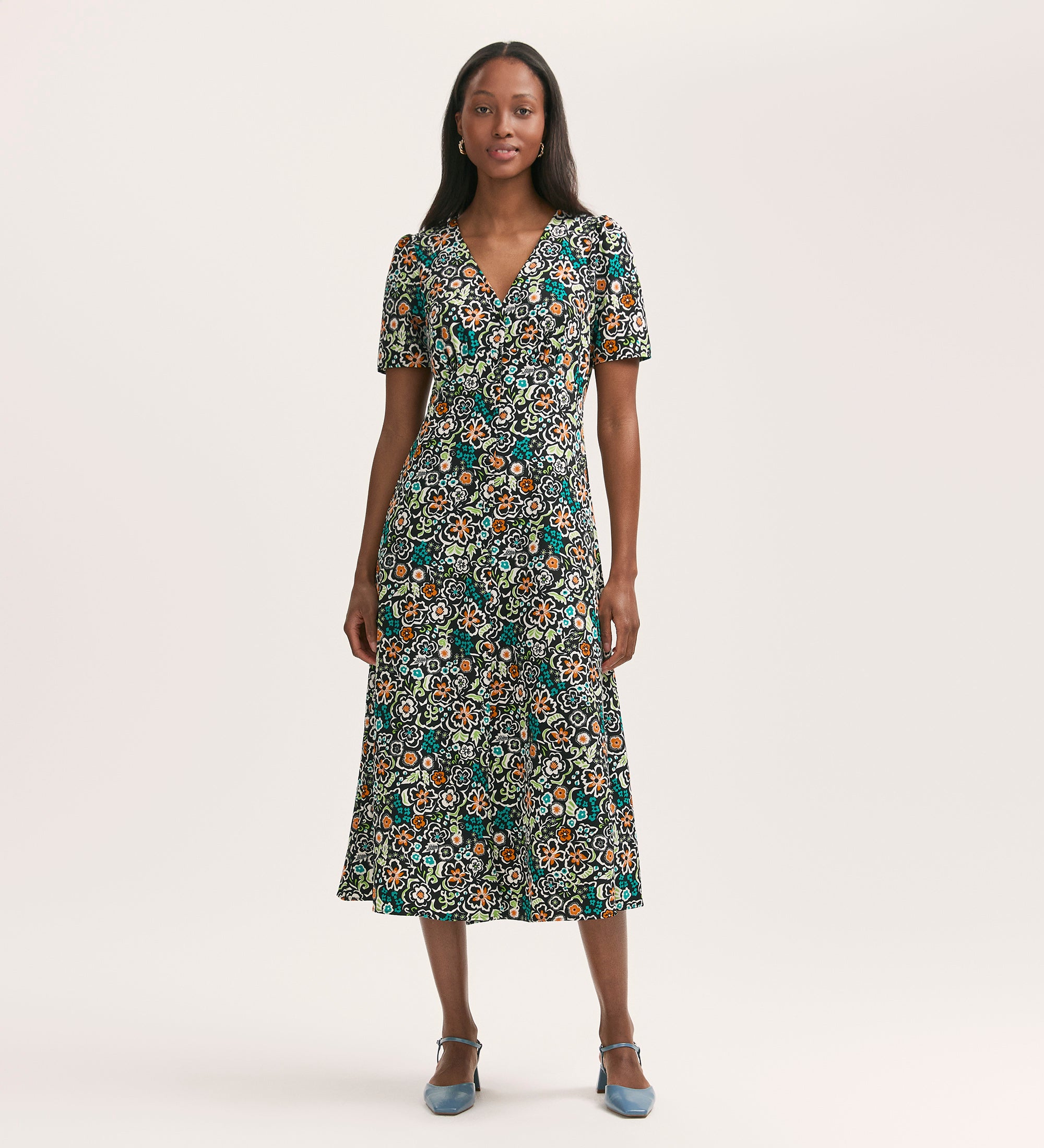 Martina Black Flower Crepe Midi Dress – Finery London