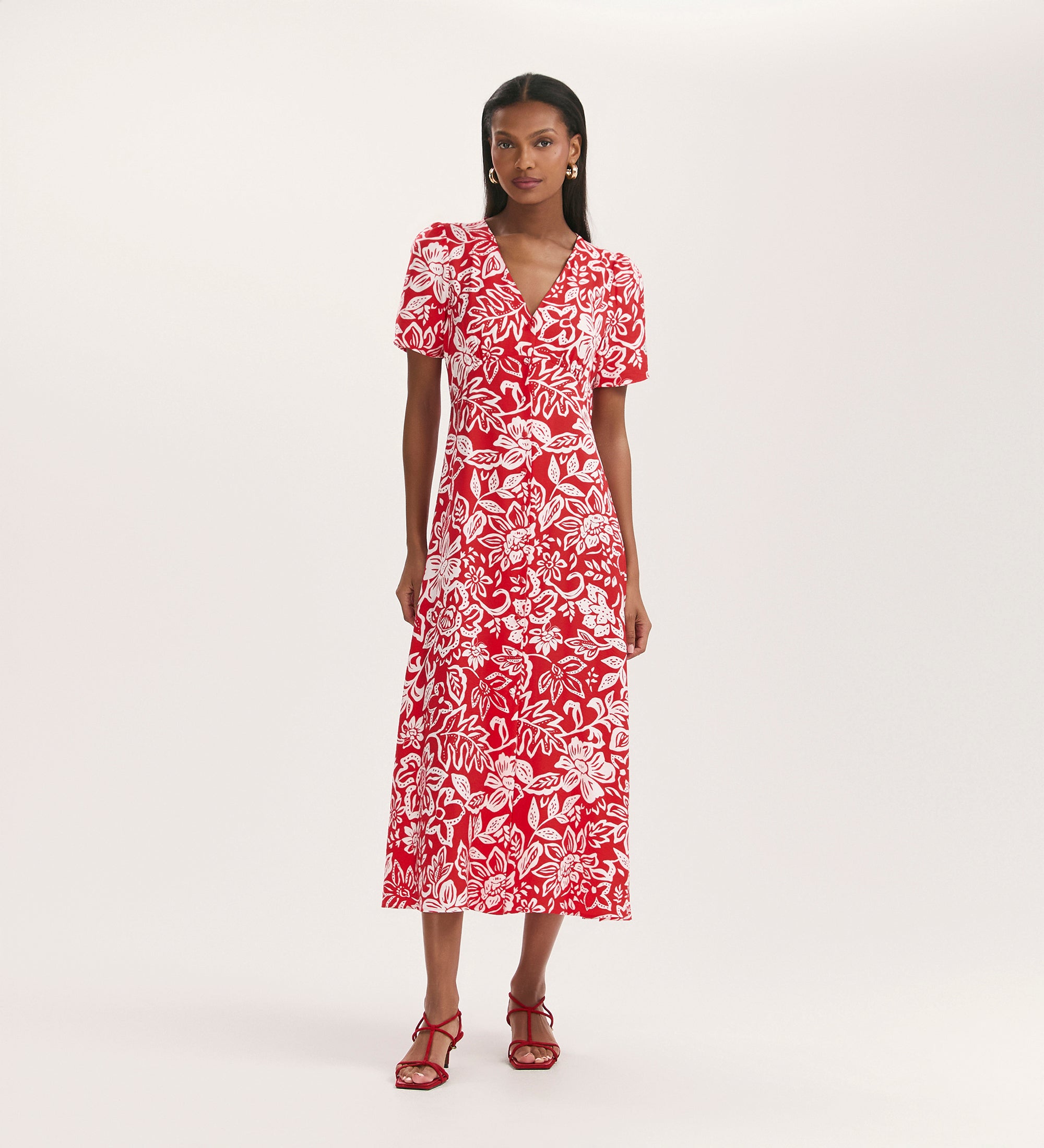 Martina Red Flower Midi Dress – Finery London