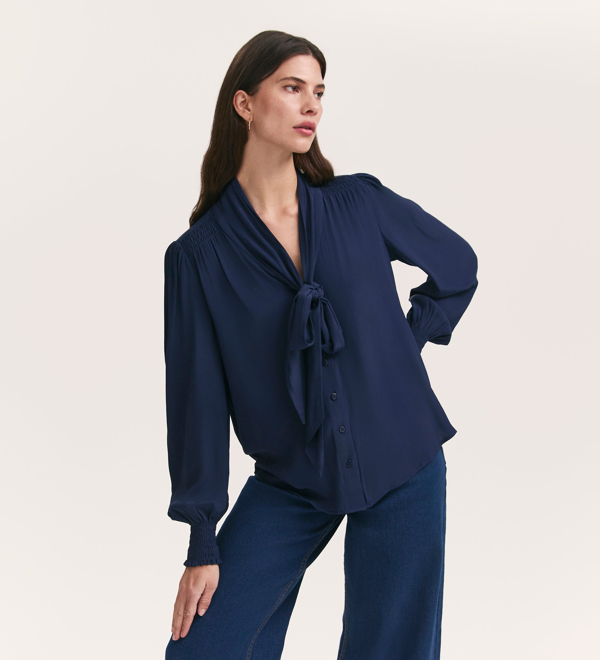 Mavis Navy Crepe Tie Neck Blouse – Finery London