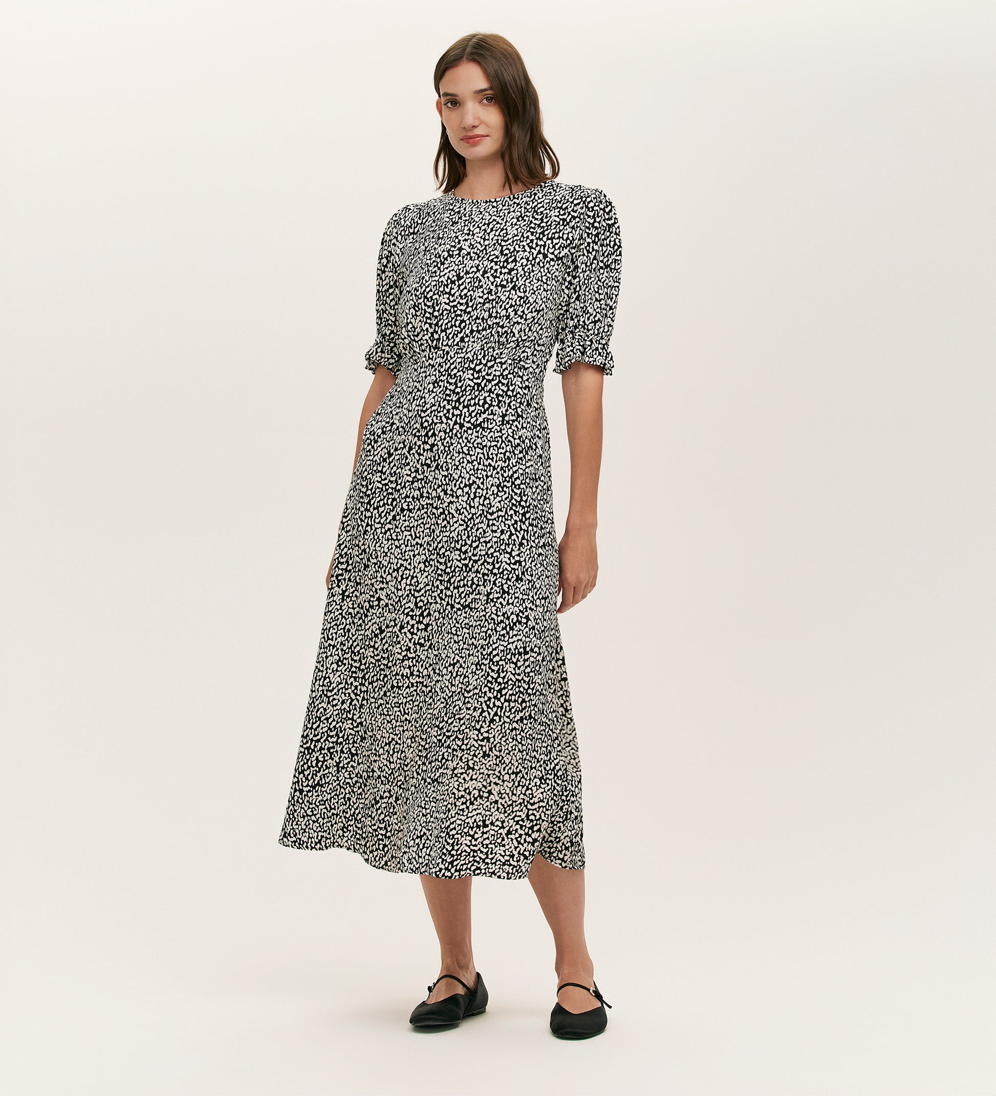 Mela Black Leopard Crepe Midi Tea Dress | Finery London Mela Black Leopard Crepe Midi Tea Dress | Finery London