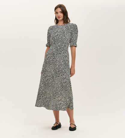 Mela Black Leopard Crepe Midi Tea Dress