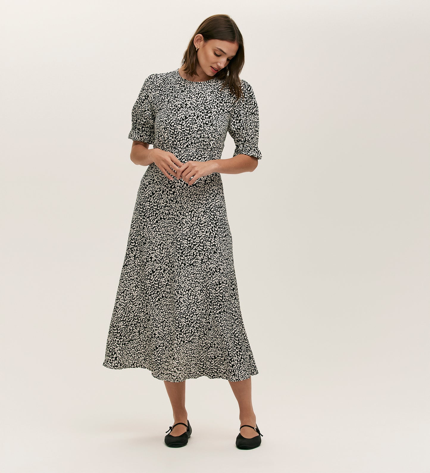 Mela Black Leopard Crepe Midi Tea Dress