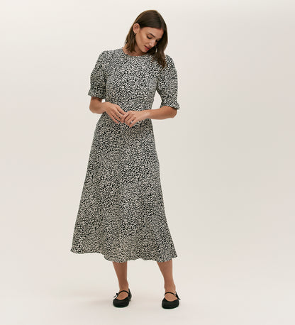 Mela Black Leopard Crepe Midi Tea Dress