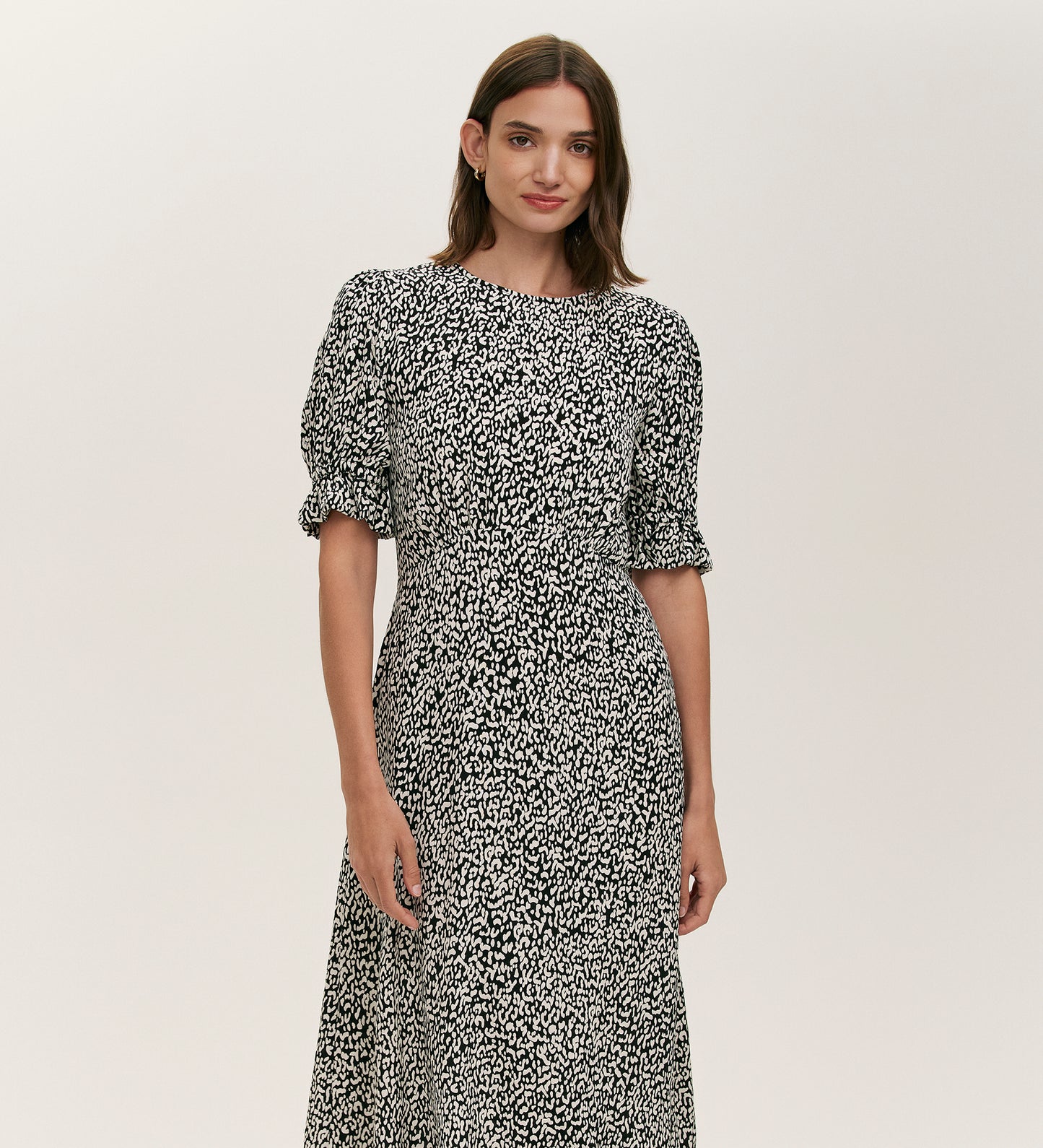 Mela Black Leopard Crepe Midi Tea Dress