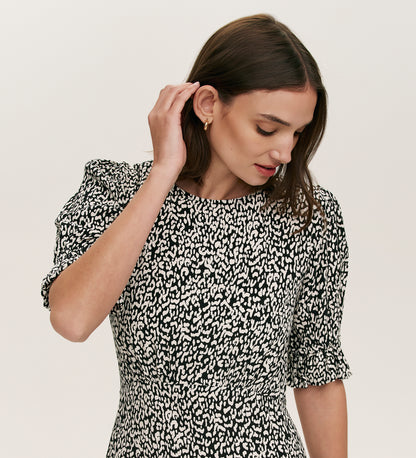 Mela Black Leopard Crepe Midi Tea Dress