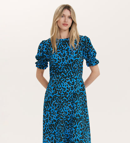 Mela Blue Animal Crepe Midi Tea Dress