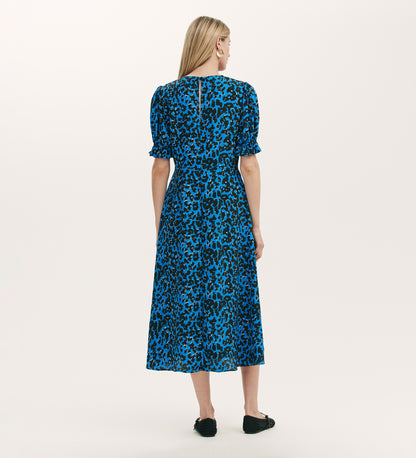 Mela Blue Animal Crepe Midi Tea Dress