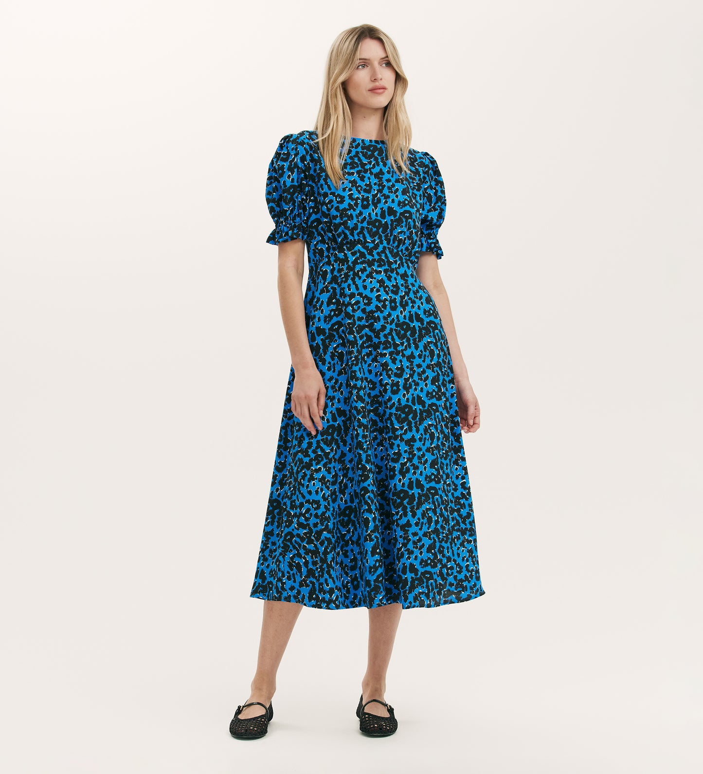 Mela Blue Animal Crepe Midi Tea Dress