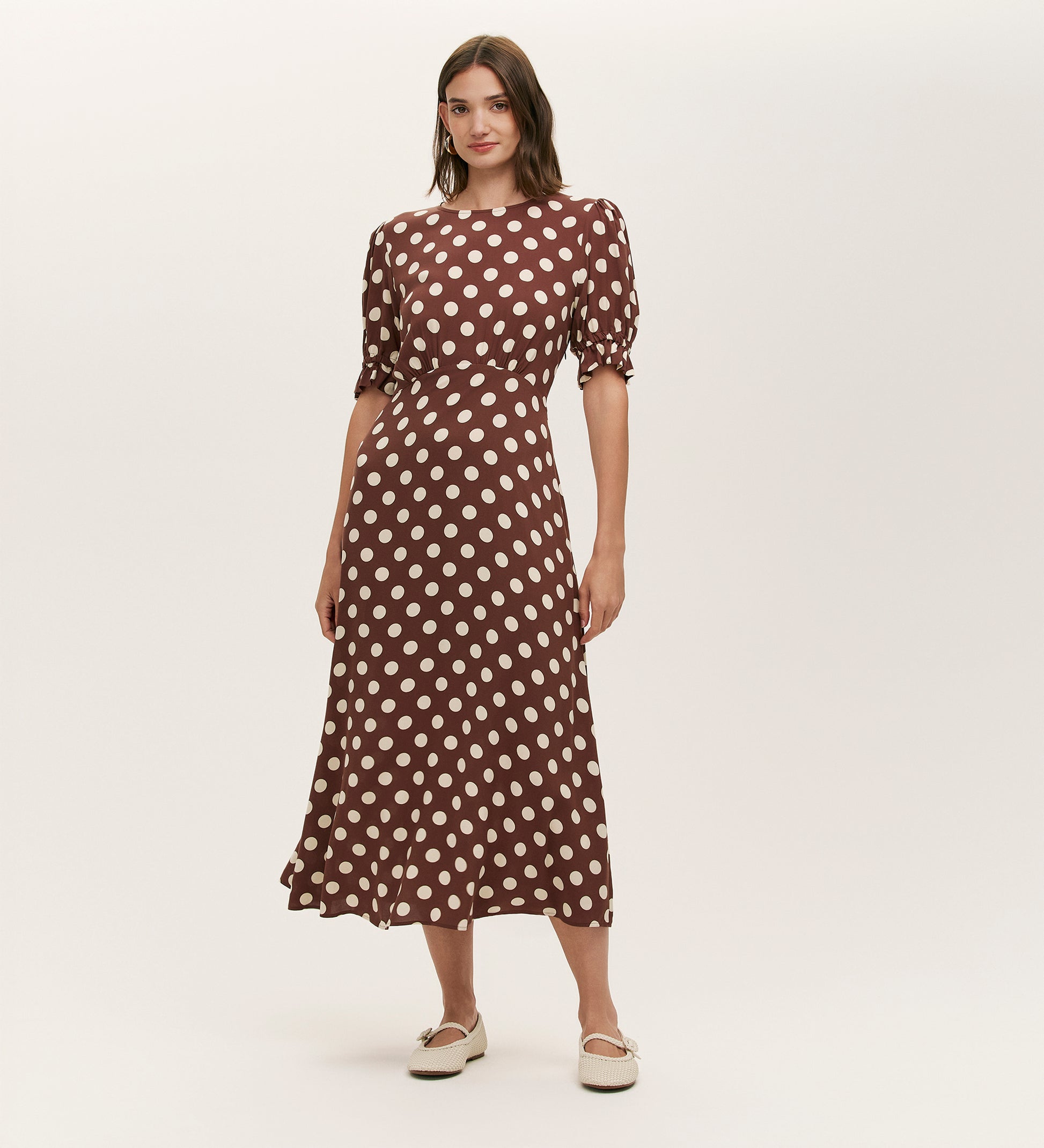 brown polka dot midi dress Brown Polka Dot Print Ruffle Midi Dress