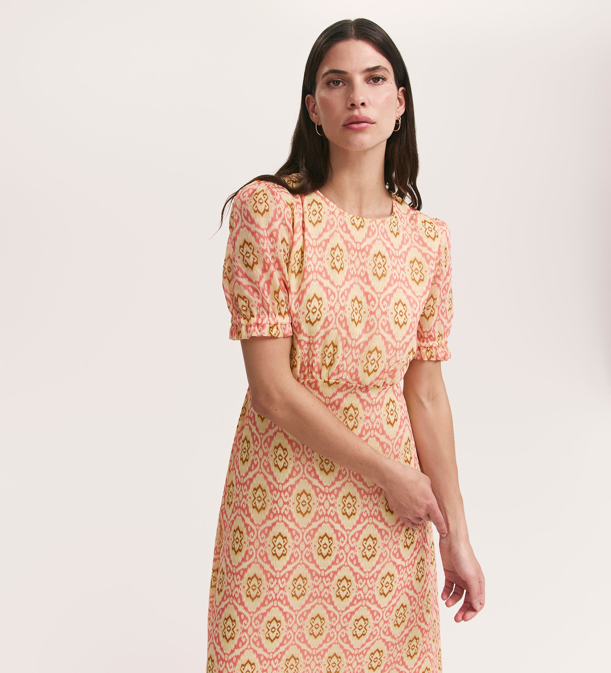 Mela Coral Ikat Chiffon Midi Tea Dress Finery London Mela Coral Ikat Chiffon Midi Tea Dress Finery London