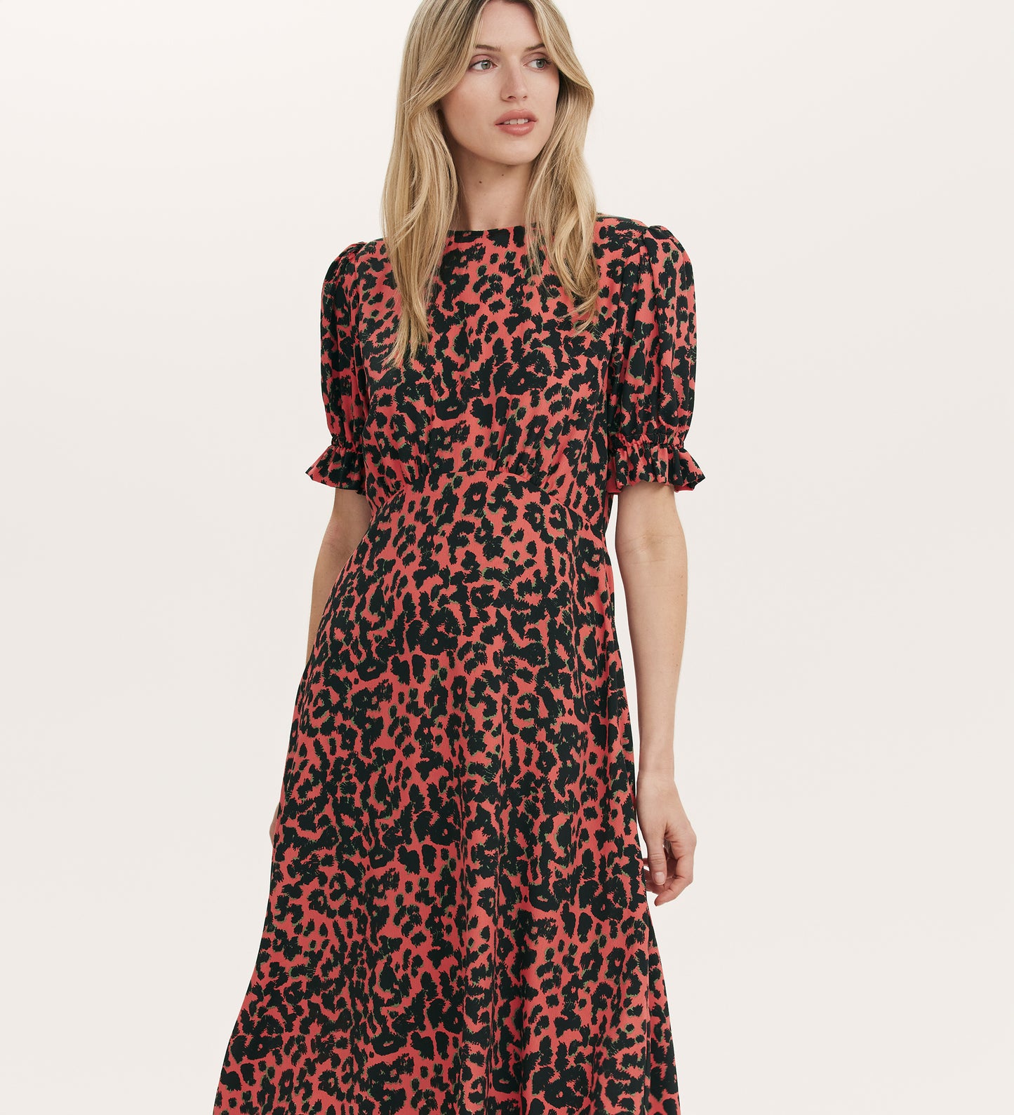 Mela Coral Animal Crepe Midi Tea Dress