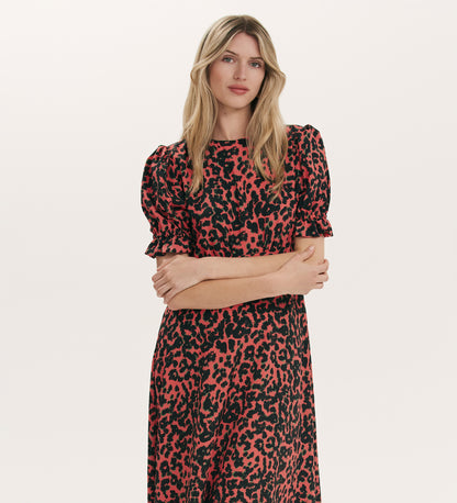 Mela Coral Animal Crepe Midi Tea Dress