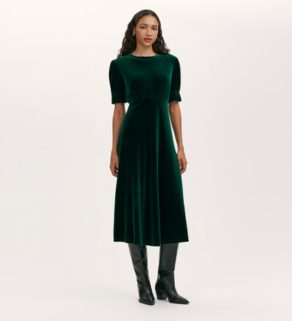 Mela Bottle Green Velvet Midi Tea Dress