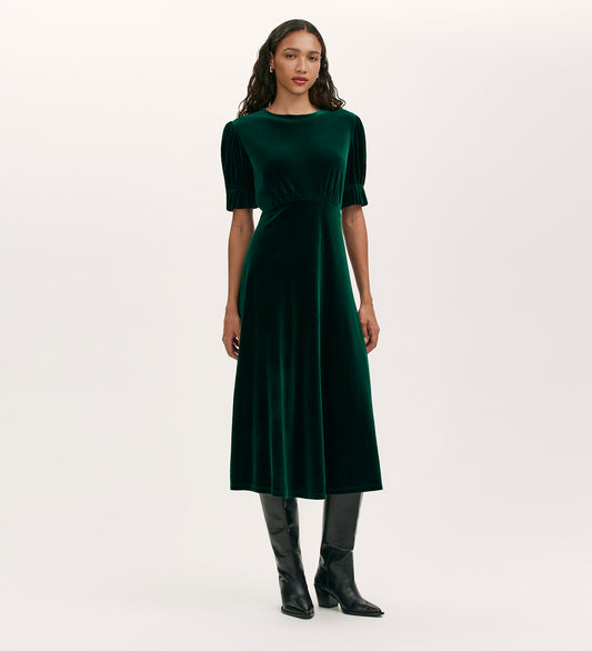 Mela Bottle Green Velvet Midi Tea Dress