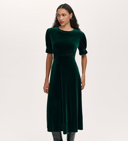 Mela Bottle Green Velvet Midi Tea Dress