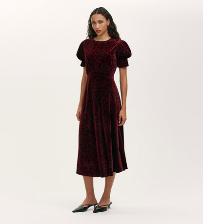 Mela Burgundy Animal Velvet Midi Tea Dress