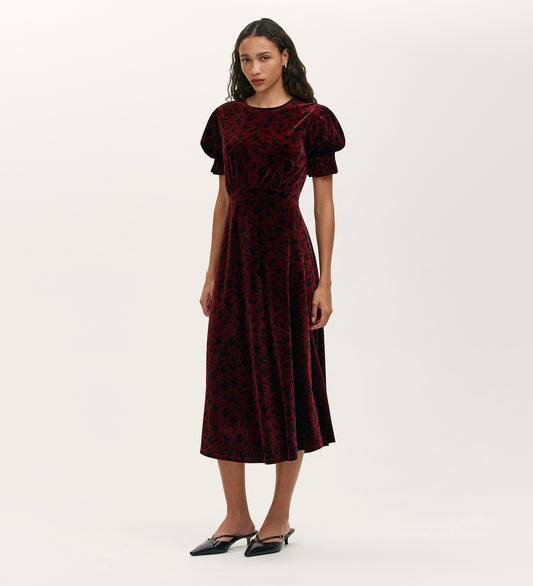 Mela Burgundy Animal Velvet Midi Tea Dress