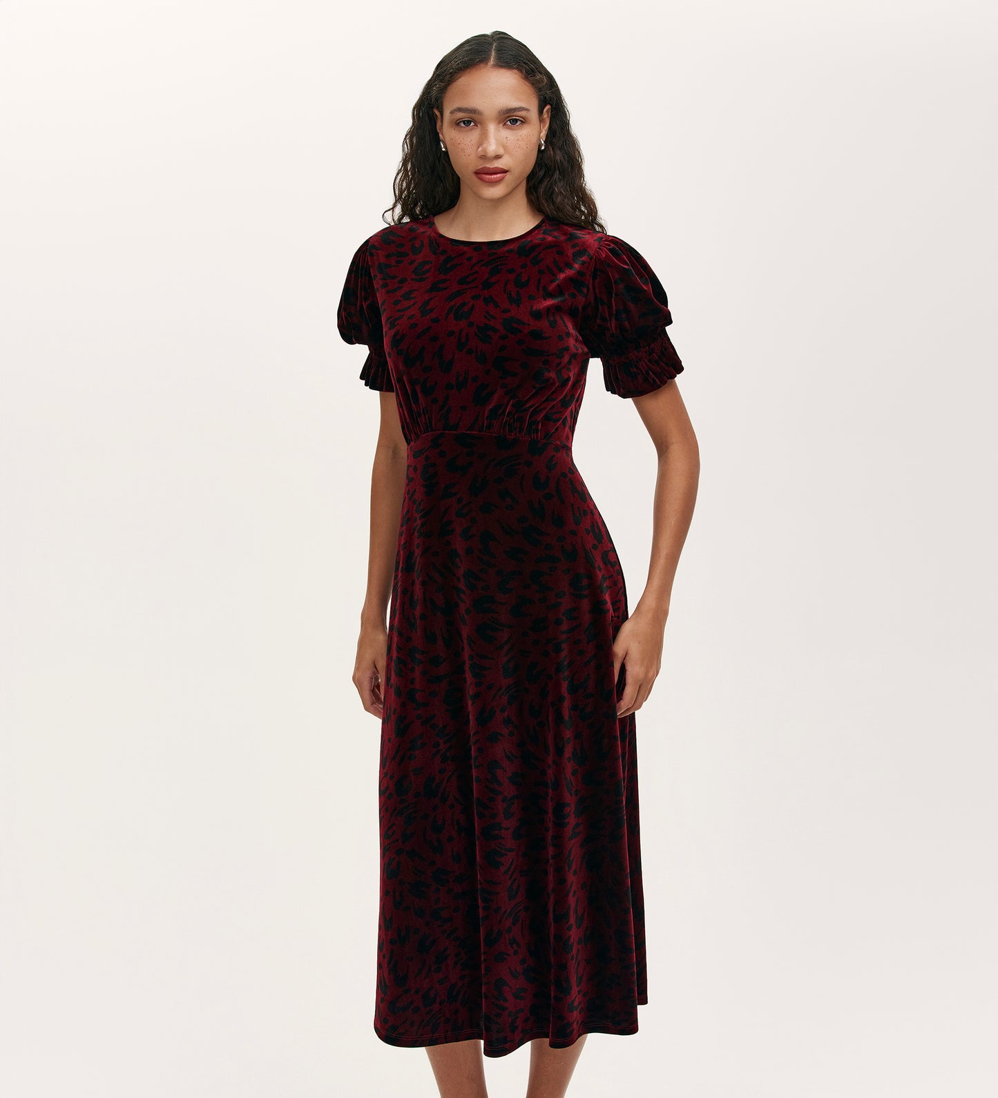 Mela Burgundy Animal Velvet Midi Tea Dress