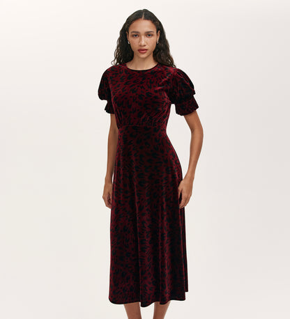 Mela Burgundy Animal Velvet Midi Tea Dress