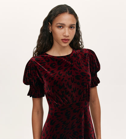Mela Burgundy Animal Velvet Midi Tea Dress