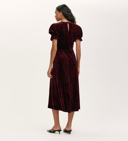 Mela Burgundy Animal Velvet Midi Tea Dress
