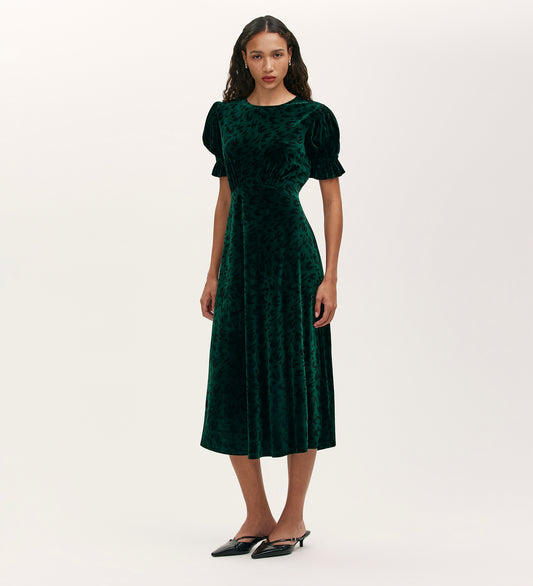 Mela Green Animal Velvet Midi Tea Dress