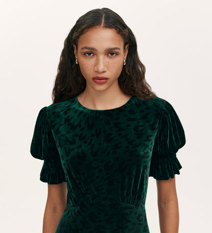 Mela Green Animal Velvet Midi Tea Dress