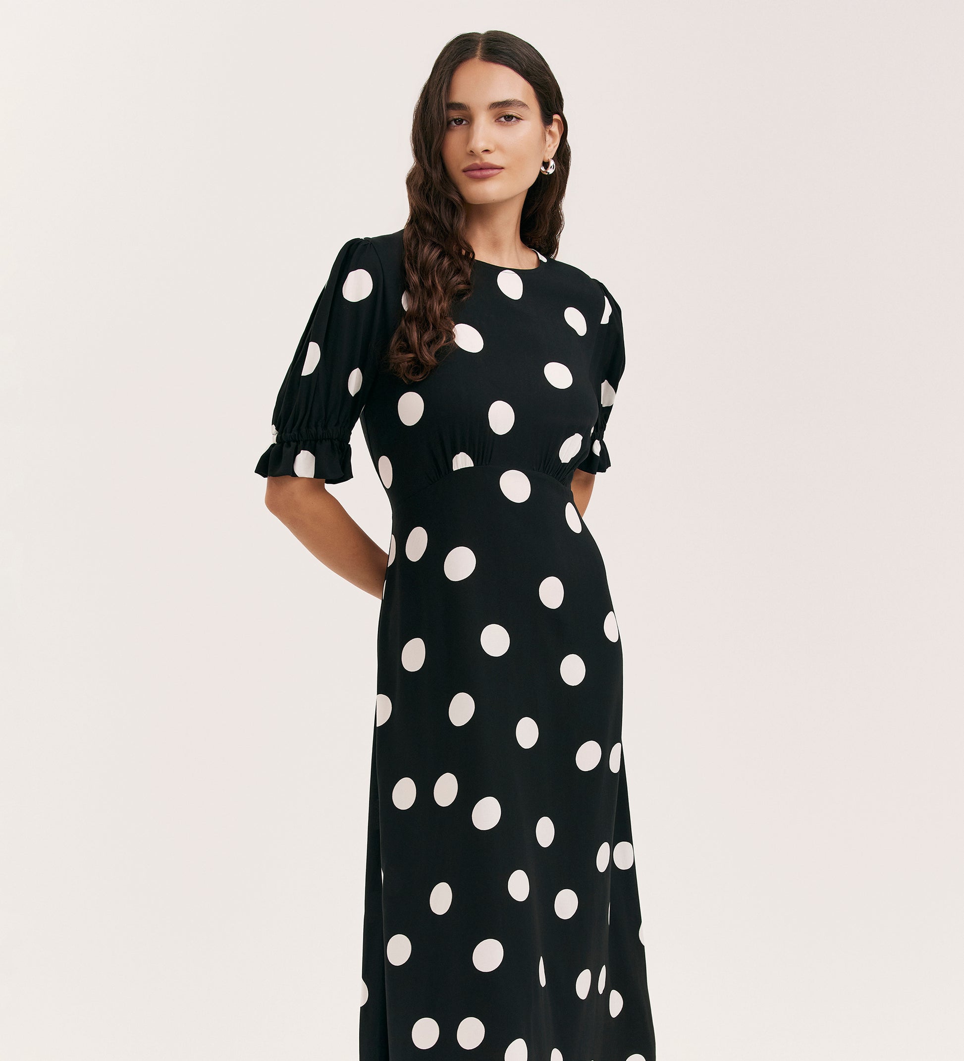 Mela Black Polka Dot Spun Midi Tea Dress – Finery London