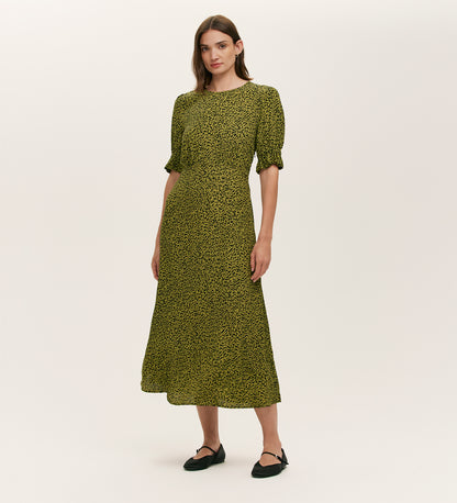 Mela Green Leopard Crepe Midi Tea Dress